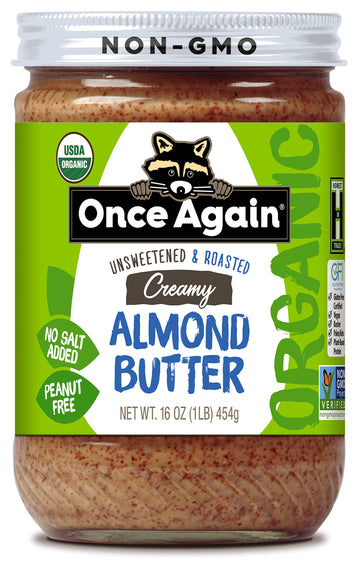 Once Again Organic Creamy Almond Butter, 16oz - Roasted - Salt Free, Unsweetened - USDA Organic, Gluten Free Certified, Peanut F