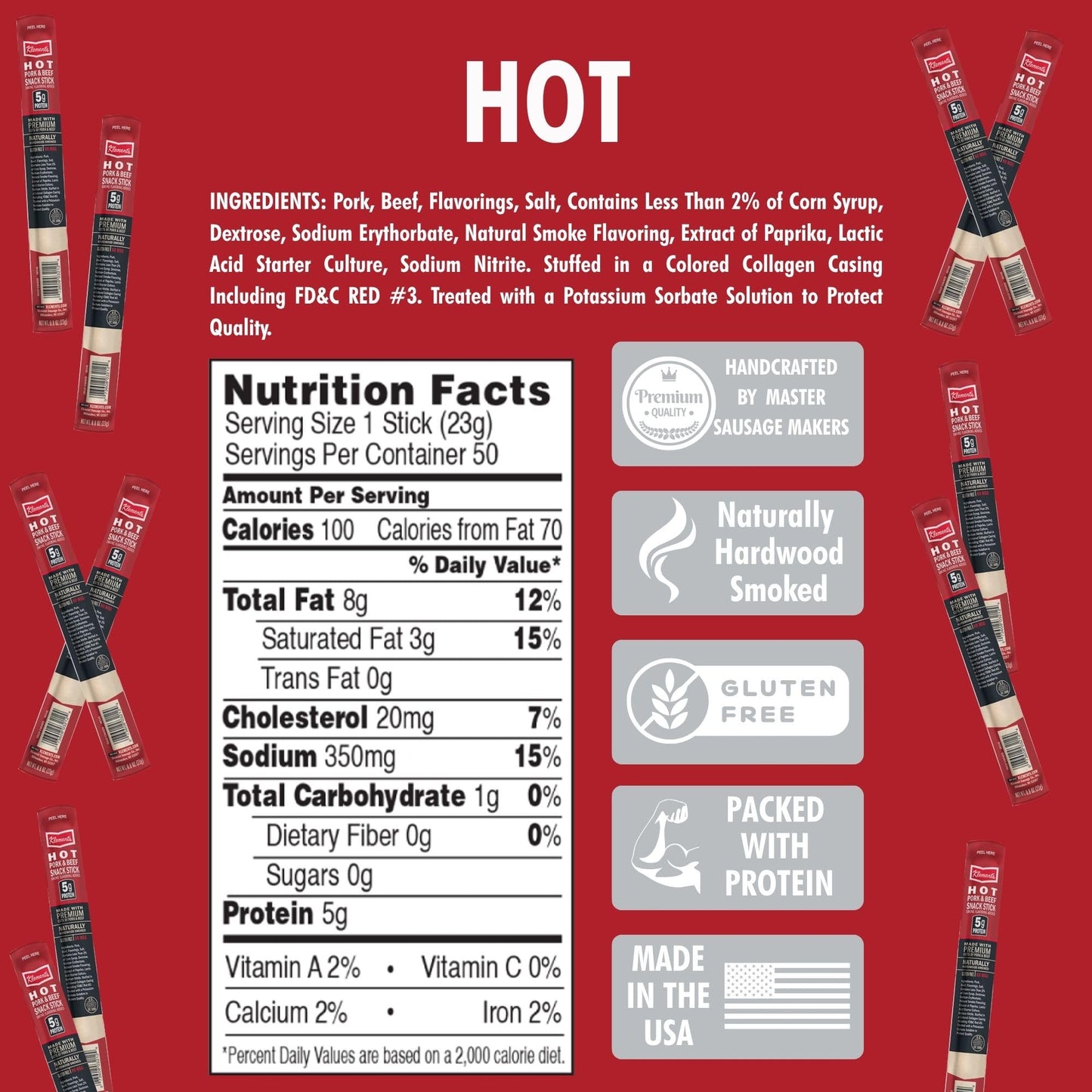 Jerky.Com Hot Beef And Pork Jerky Meat Sticks 26 Pack (24 + 2 Bonus) | 5G Protein, 90 Calories, Gluten-Free, Individually Wrapped, Keto Friendly, Low Carb Snack | Delicious Smoked Beef Jerky Sticks | Gifts For Men