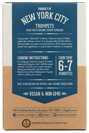 Sfoglini-Organic Durum Semolina Trumpets-Made with Traditional Techniques & Wholesome Organic Grain-Holds Tight to Sauce-16 oz B