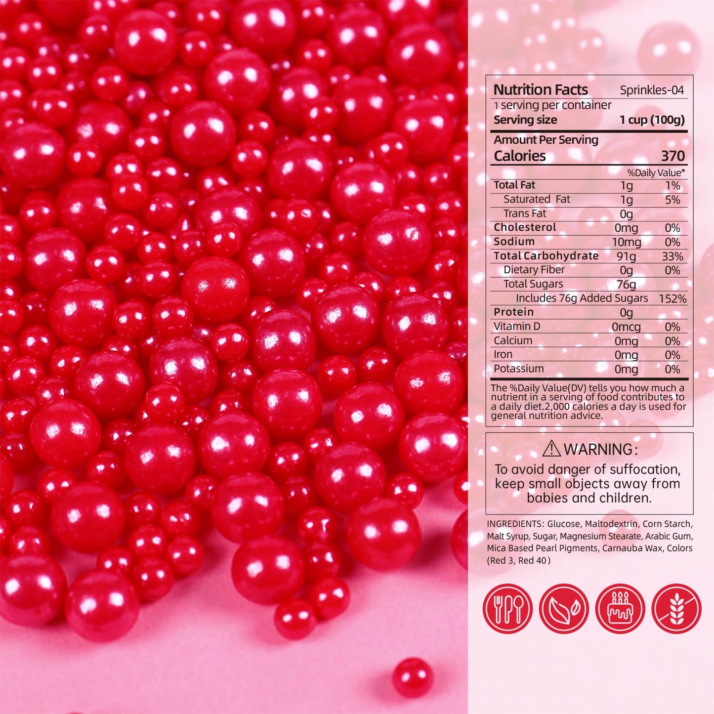 Cobakey Christmas Red Sprinkles for Cake Decorations 3.52 ounce Edible Pearl Sugar Sprinkles for Cupcake Toppers Wedding Party V