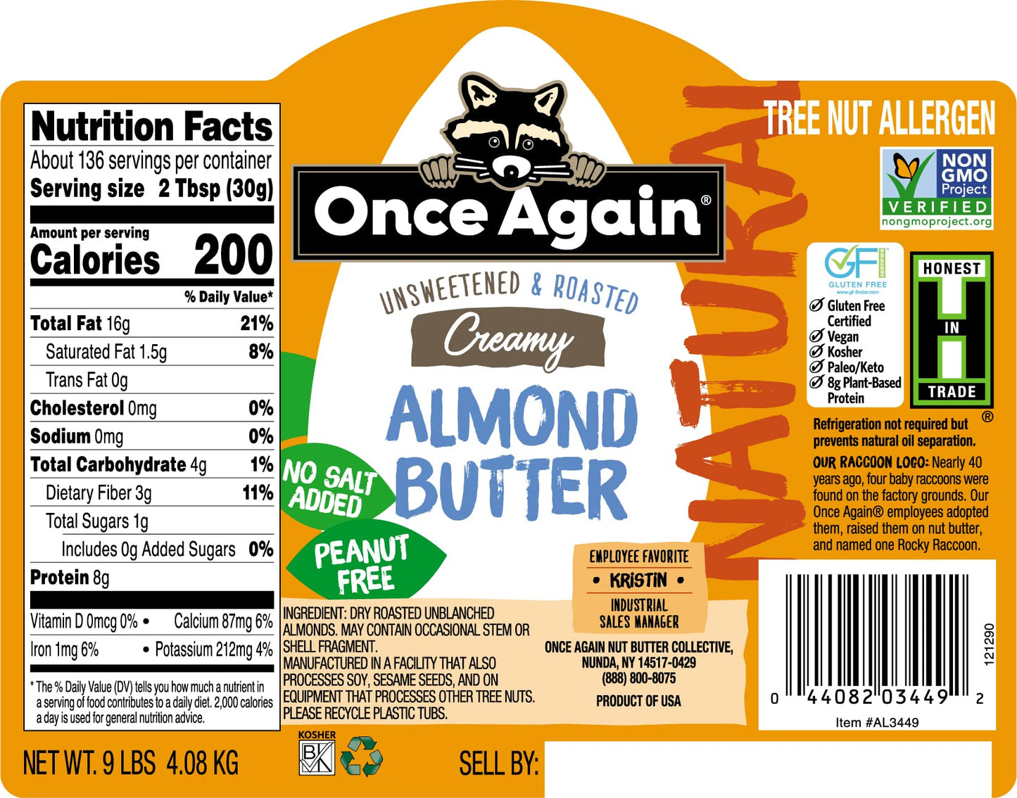 Once Again Natural Creamy Almond Butter, 9lbs (same as 9 jars) - Roasted - Salt Free, Unsweetened - Gluten Free Certified, Peanu