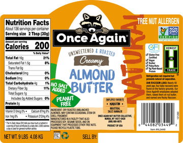 Once Again Natural Creamy Almond Butter, 9lbs (same as 9 jars) - Roasted - Salt Free, Unsweetened - Gluten Free Certified, Peanu