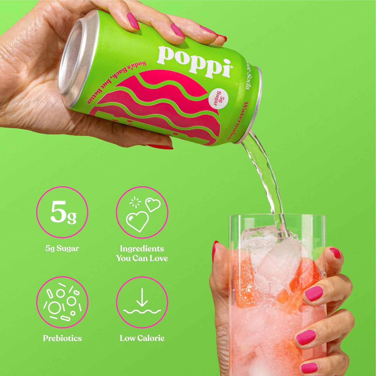 poppi Sparkling Prebiotic Soda with Apple Cider Vinegar, Watermelon Flavor, 12 Fl Oz, 12 Pack