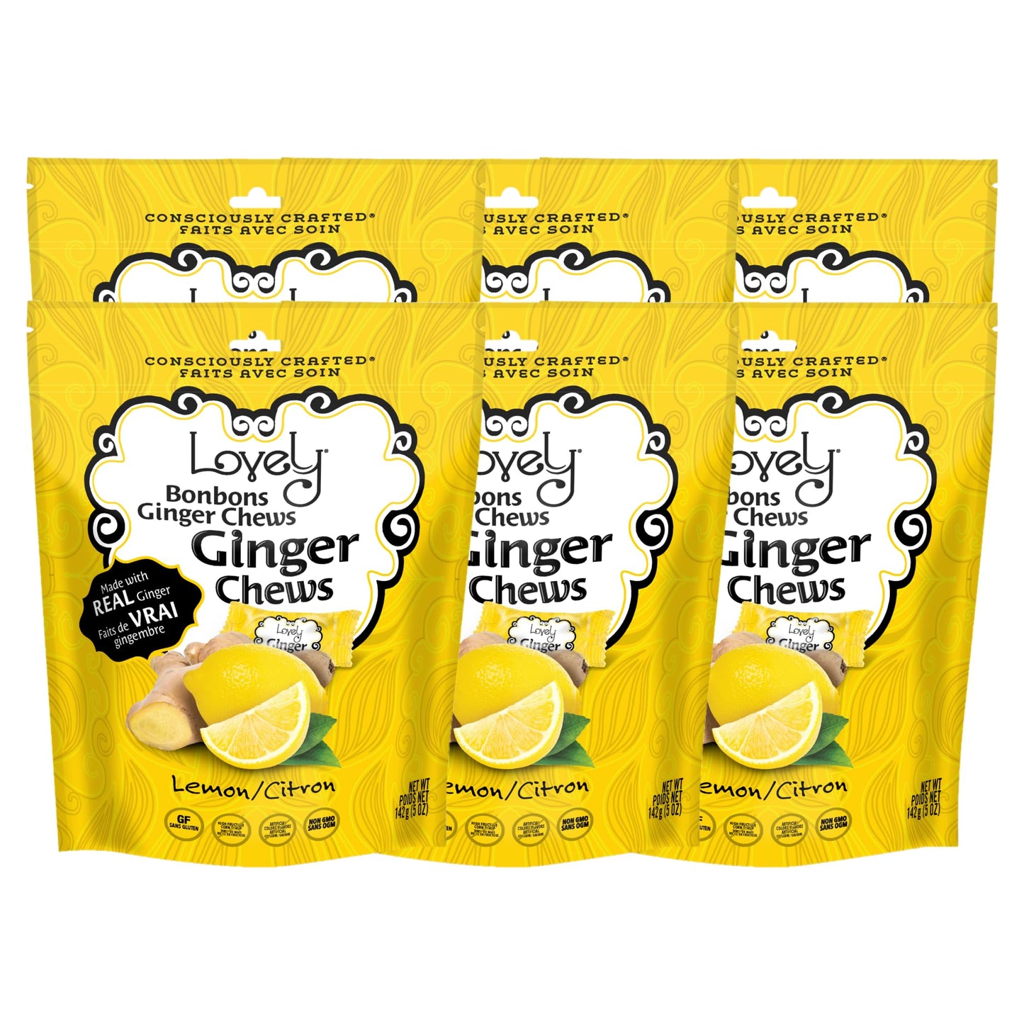 Lovely Candy Co. Lemon Ginger Chews, Made with Real Ginger, Individually Wrapped, 5oz (6-Pack) | Gluten-Free, Non-GMO, NO Artifi