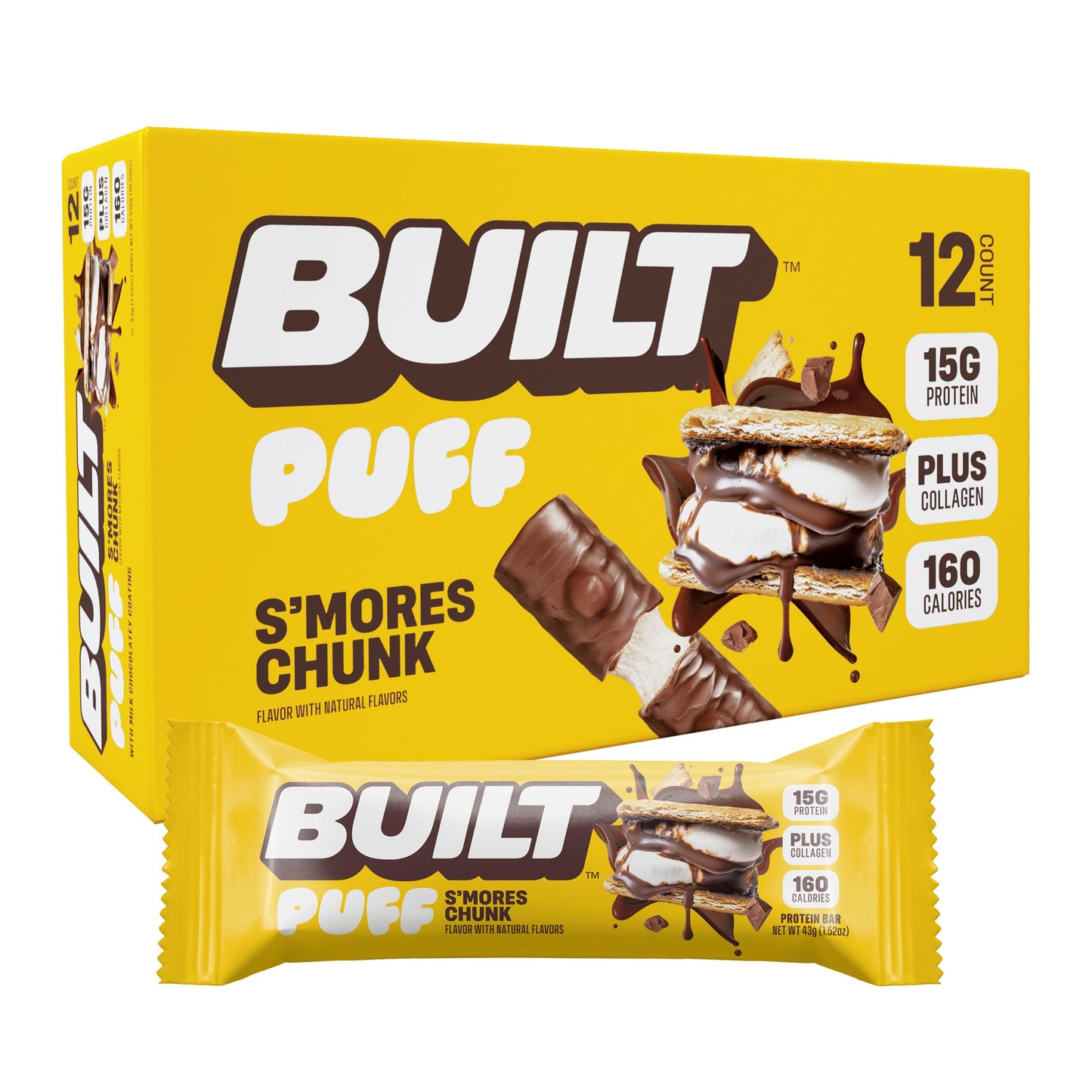 Built Bar, Puff Protein Bars, S'Mores Chunk Puff, 15G Protein Snacks, On-The-Go Bars, Only 160 Calories, 9G Sugar, Collagen, Not