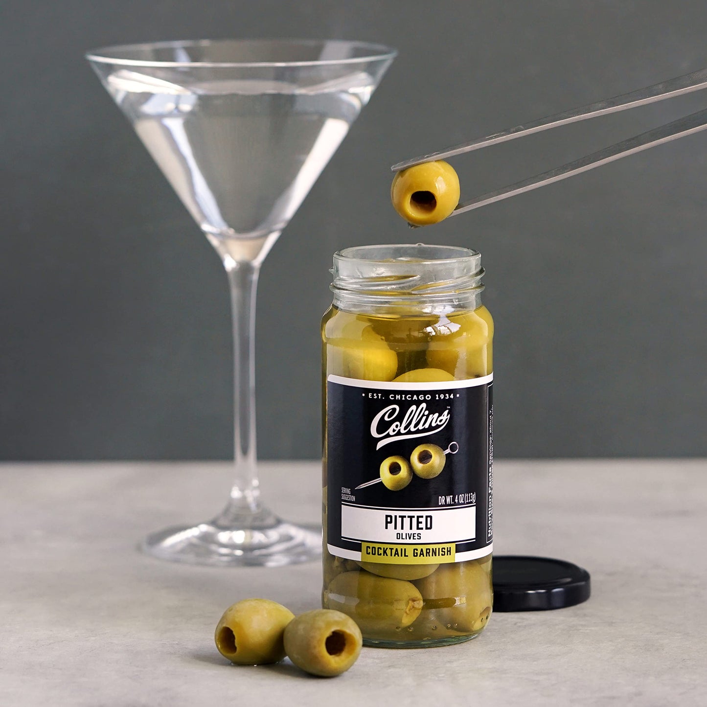Collins Pitted Olives - Popular Garnish for Cocktails and Snacks, 4oz, Black, Model O255
