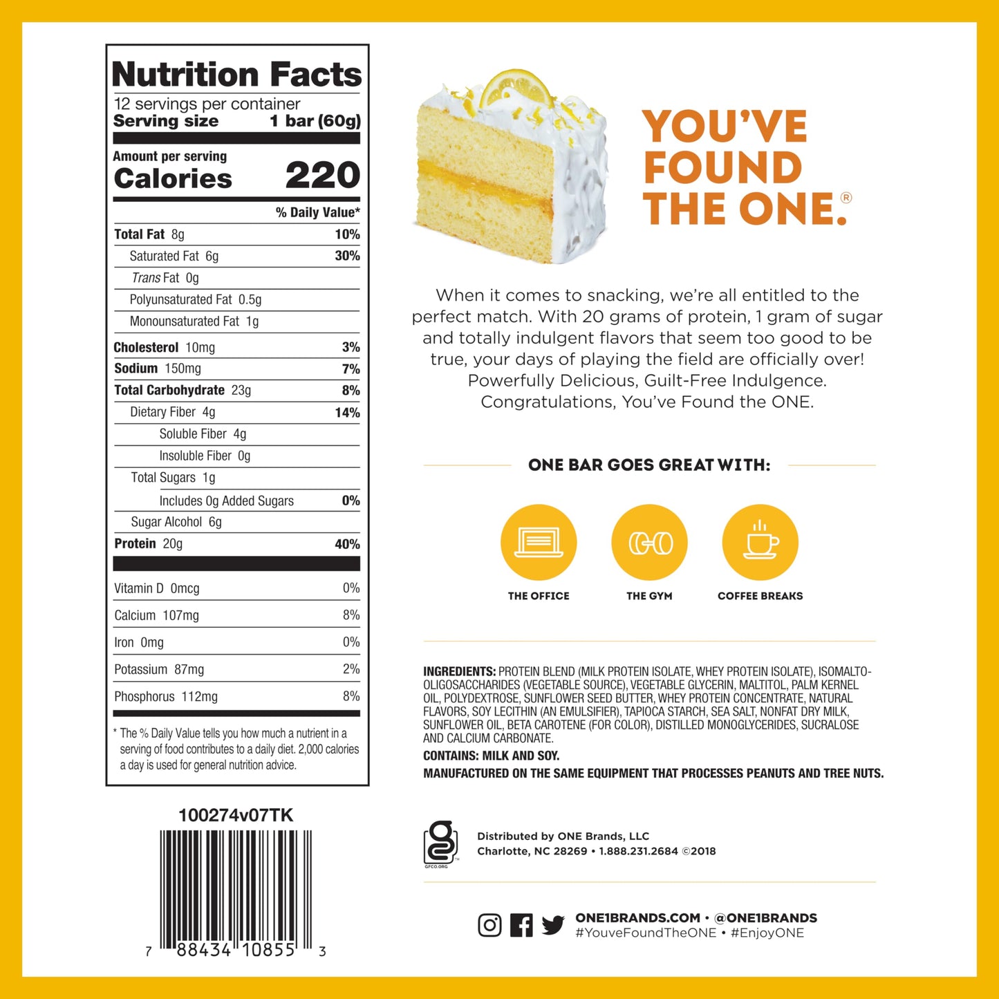 One Protein Bars, Lemon Cake, Gluten Free Protein Bars With 20G Protein And Only 1G Sugar, Guilt-Free Snacking For High Protein