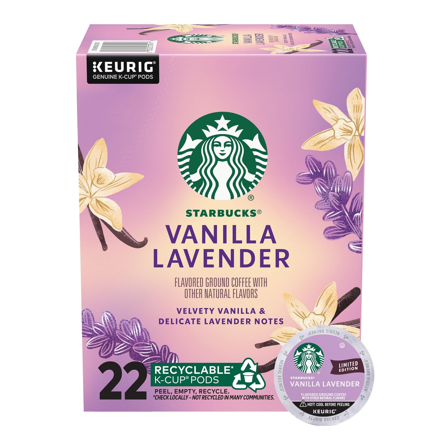 Starbucks K-Cup Coffee Pods, Vanilla Lavender Flavored Coffee for Keurig Coffee Makers, 100% Arabica, Limited Edition, 1 Box (22