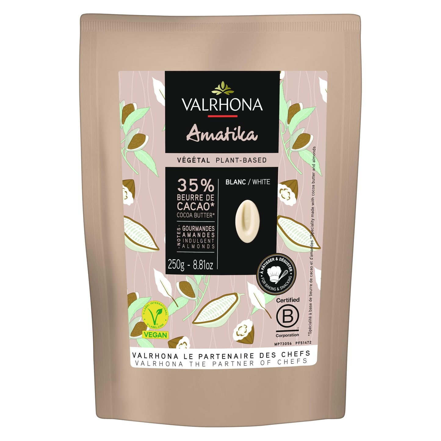 Valrhona - Top-Grade Plant-Based White Chocolate Amatika 35% - French Chocolate Perfect For Baking And Making Ganache Coatings Mousses Ice Creams And Sorplays Vegan - 250G