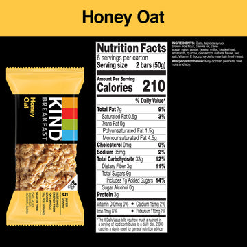 KIND Breakfast Bars, Honey Oat, Gluten Free, 3g Protein, 6 Count (12 Bars)