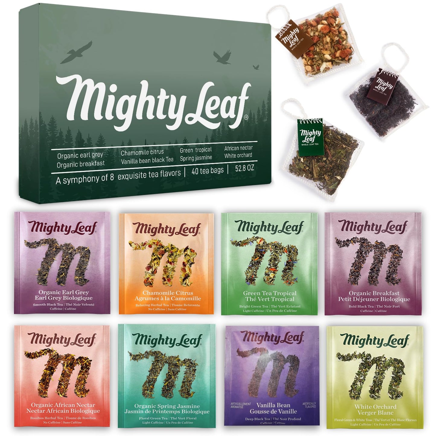 Mighty Leaf Organic Tea Sampler - 40 Count Silken Tea Bags - 8 Assorted Flavors: Tropical Green Chamomile Citrus Earl Grey Vanilla Bean White Orchard Breakfast Spring Jasmine African Nectar - enhanced Tea Gift Box