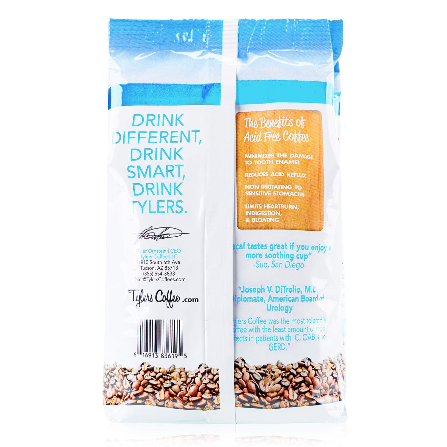 Tylers Acid Free Organic Ground Coffee - 100% Arabica Full Flavor - Whole Bean and Caffeinated - No Bitter Aftertaste - For Acid