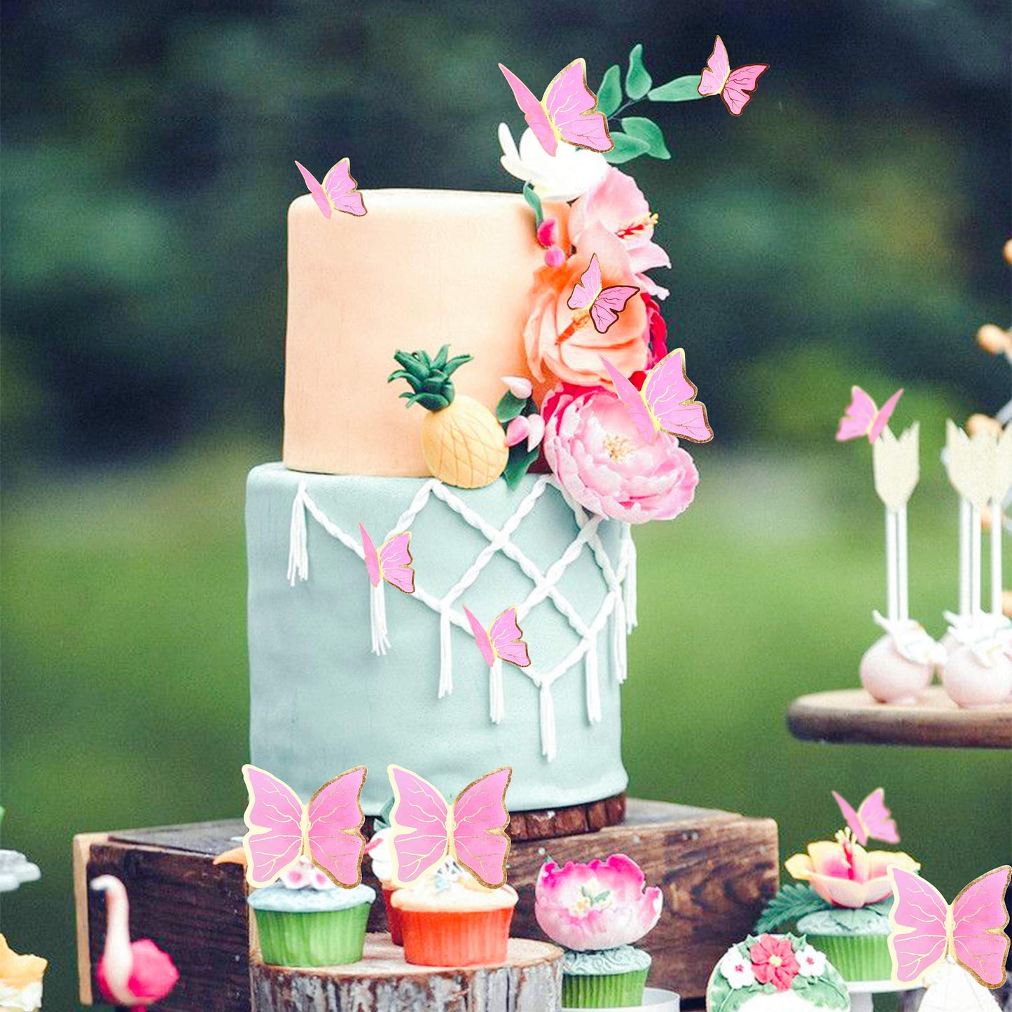 Cyodoos 30pcs Pink Gold Edge Mixed Size Lively 3D Waterproof Butterfly Cupcake Topper for Girls Women's Happy Birthday Wedding P