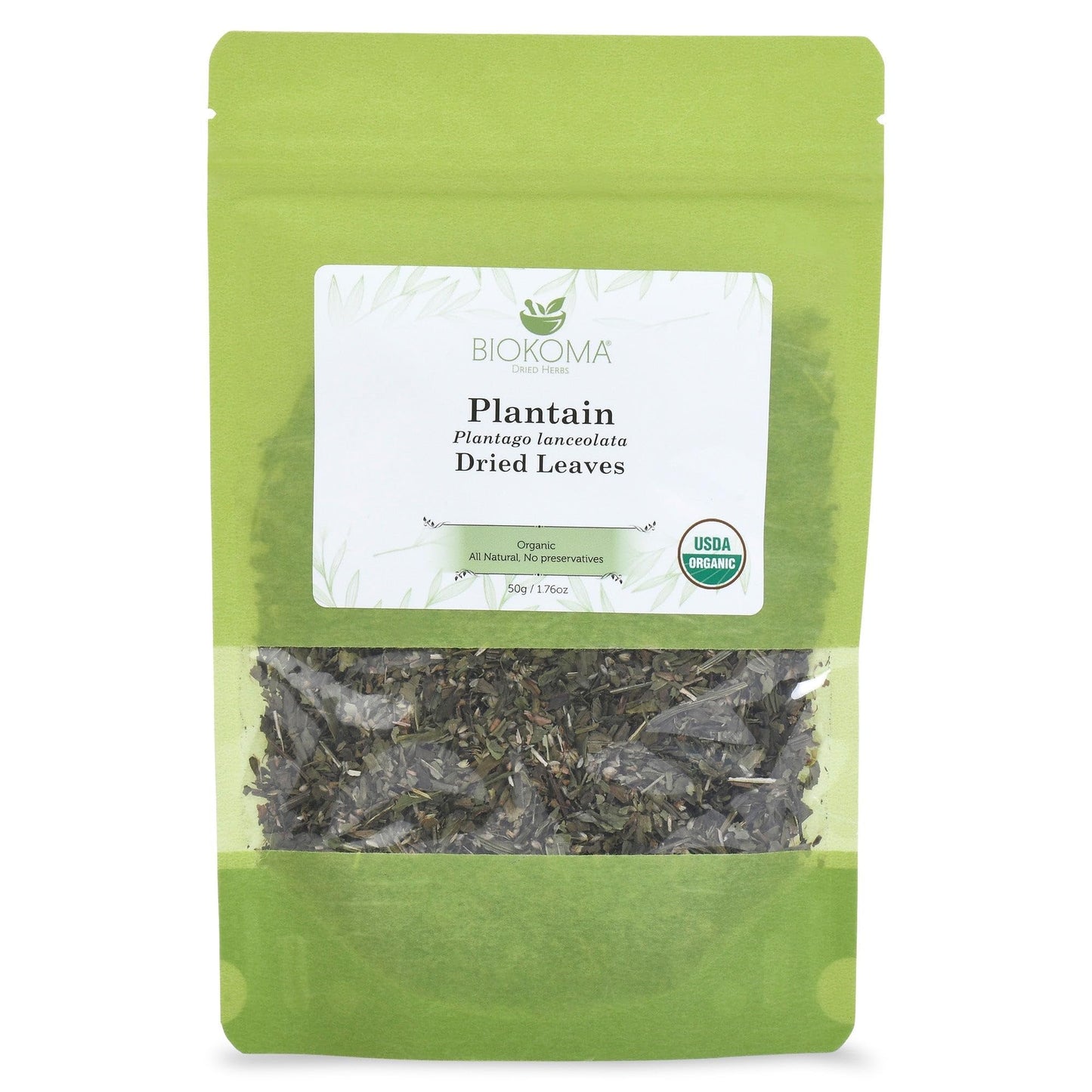 Biokoma Pure And Organic Plantain Dried Leaves 50G (1.76Oz) In Resealable Moisture Proof Pouch Usda Certified Organic - Herbal Tea No Additives No Preservatives No Gmo Kosher