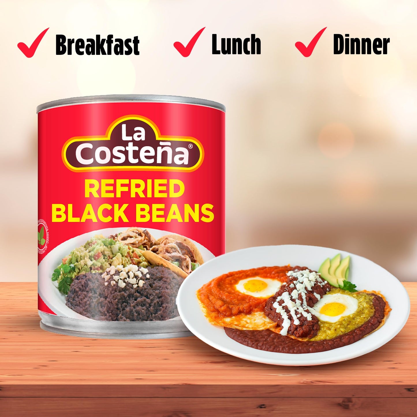 La Costea Refried Black Beans - Ready-to-Eat Canned Refried Beans for Mexican Food, Mexican Rice, Nacho Bean Dip, Bean Burrito,