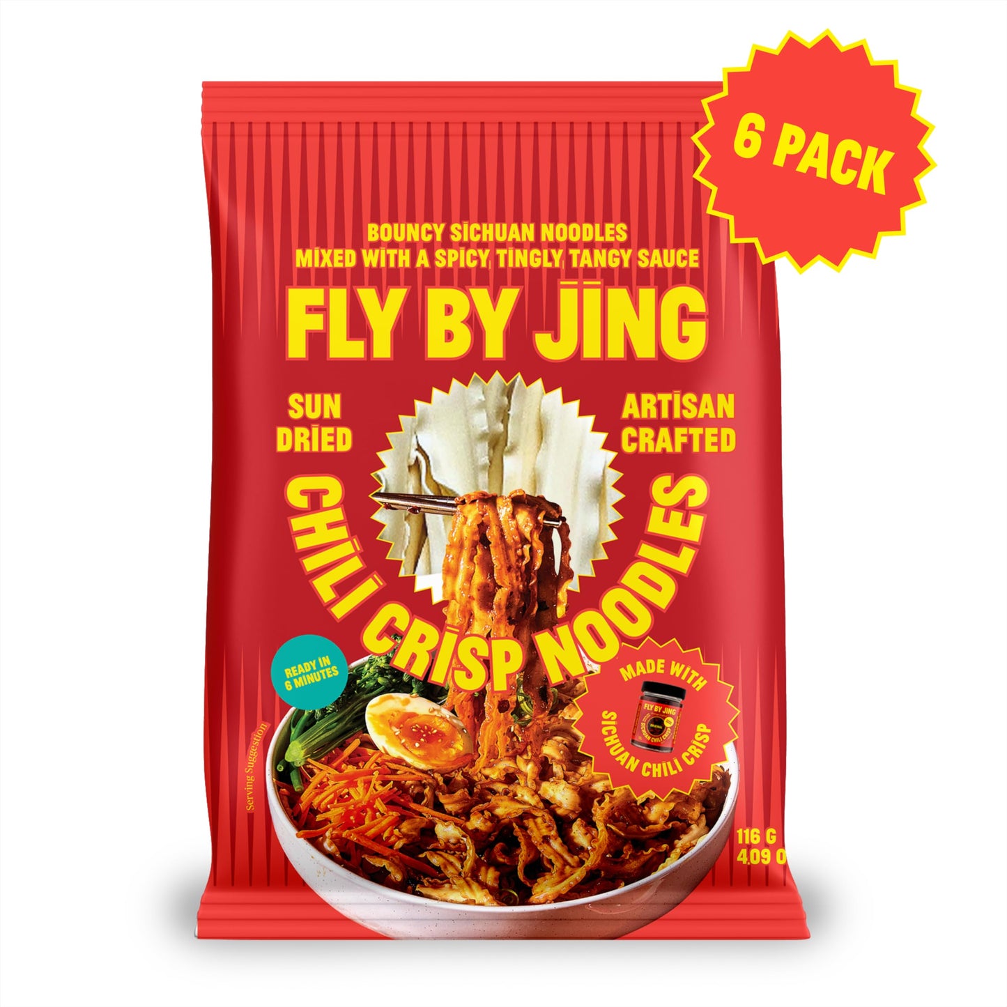 FLYBYJING Chili Crisp Noodles - Sun-Dried Wavy Asian Instant Noodles Tossed in Sichuan Chili Crisp Sauce - Ready in 6 Minutes - Vegan High Protein No MSG 4.02 oz (Pack of 6)