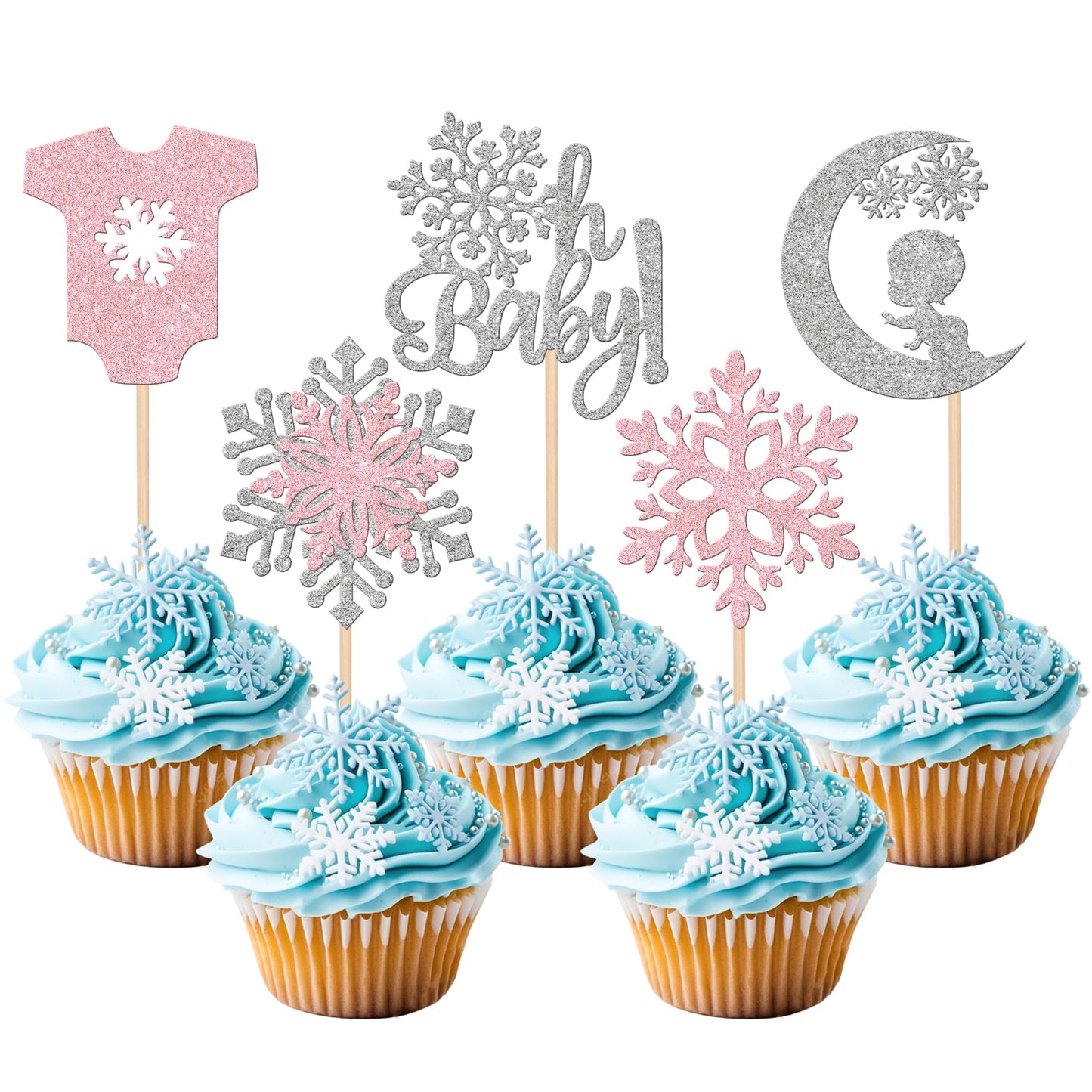30 Pcs Snowflake Oh Baby Cupcake Toppers Glitter Winter Sweater Moon Snowflake Cupcake Picks ItS A Girl Cake Decorations For Baby Shower Kids Birthday Christmas Party Supplies Silver Pink