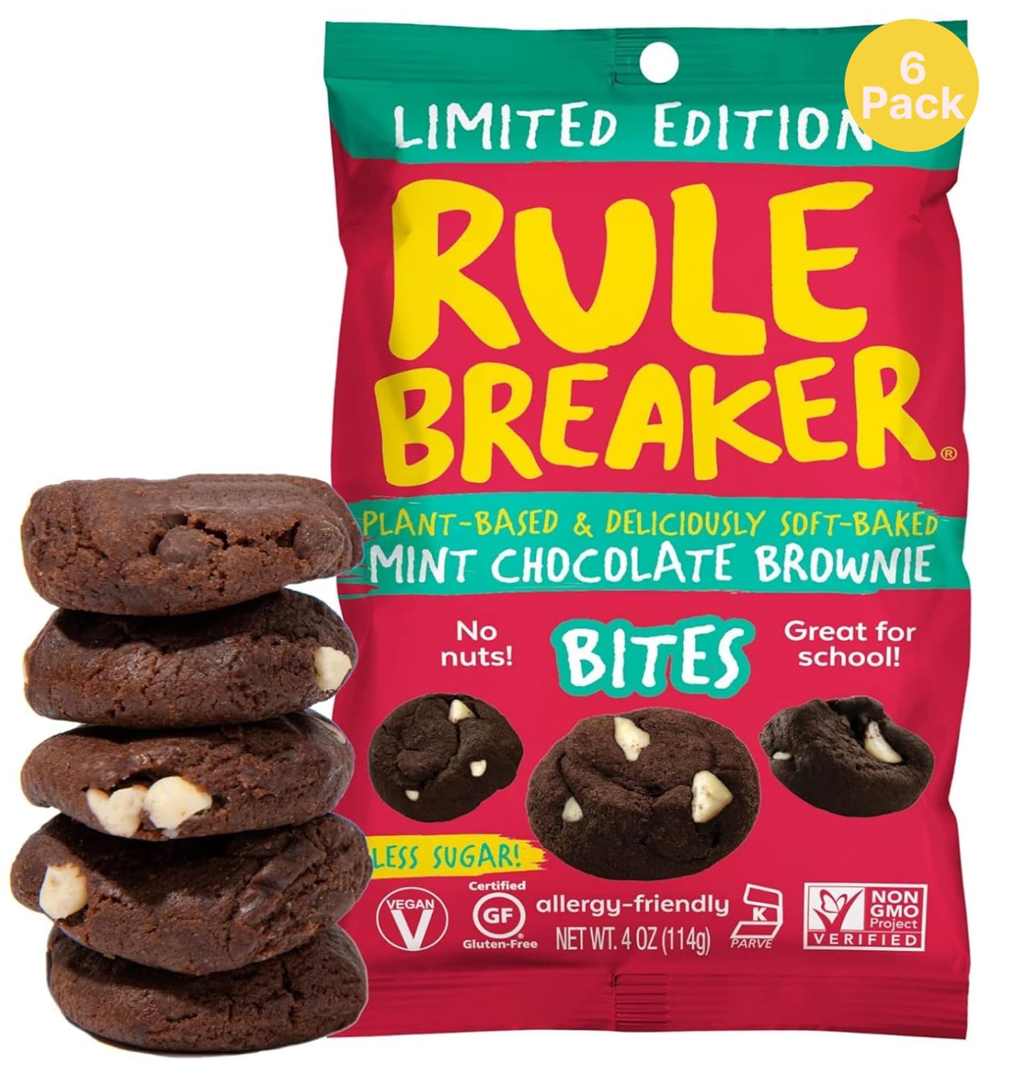 Rule Breaker Vegan & Gluten-Free Cookies | Mint Chocolate Brownie Bites |Plant-Based Dairy Nut Soy Allergen Free Kosher | Soft-Baked School Snacks For Kids And 18+ Uses (Pack Of 6)