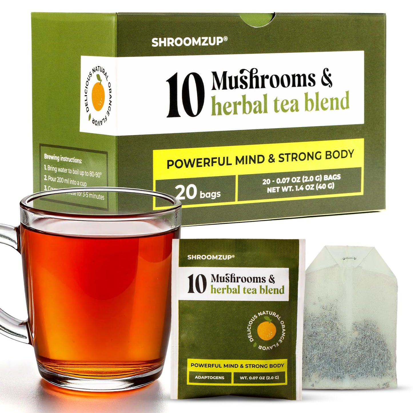 20 In 1 Mushroom Tea With Lions Mane Ashwagandha Cordyceps Reishi Chaga Flavor Blendkgo Biloba Green Tea For Playter Energy And Focus - Energy Blend Free Adaptogenic Tea For Wellness - 20 Tea Bags