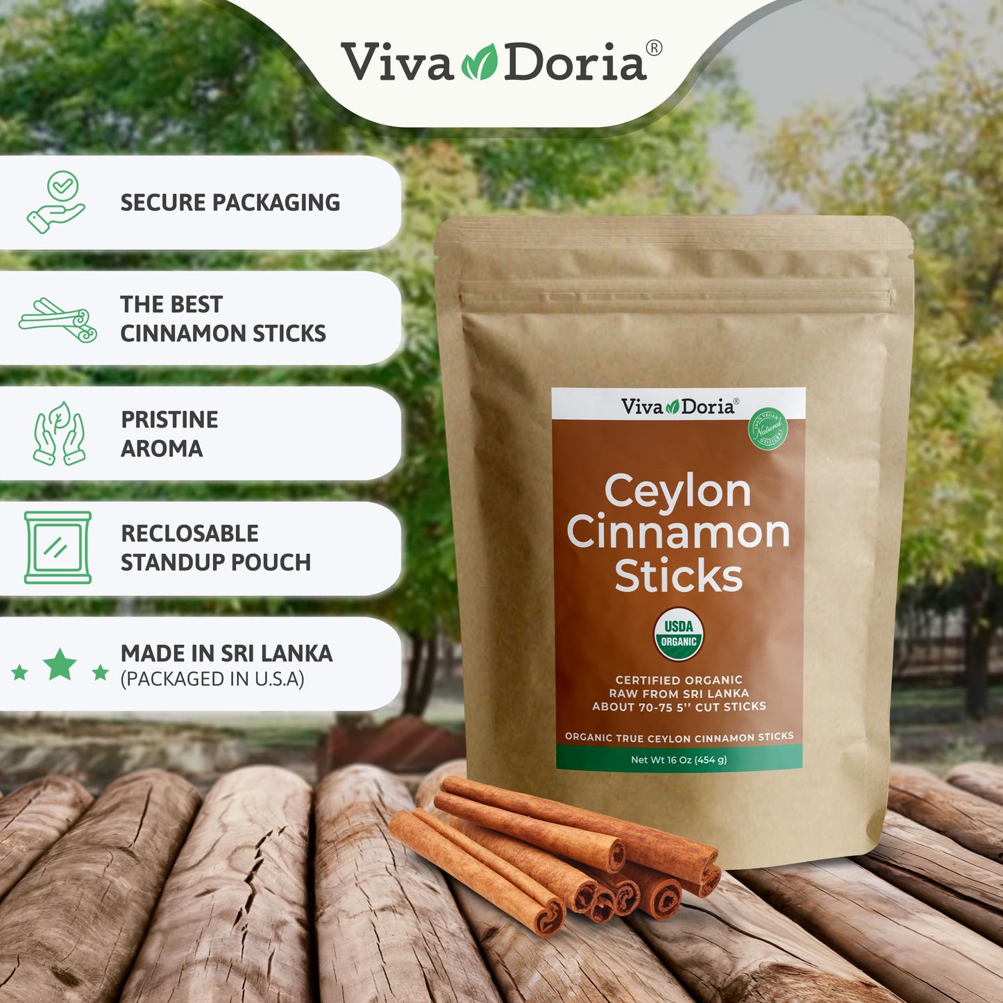 Viva Doria Organic Ceylon Cinnamon Sticks, 5'' Cut, Alba Grade, True Cinnamon, 16 Oz, | 70-75 Sticks | 100% Raw From Sri Lanka