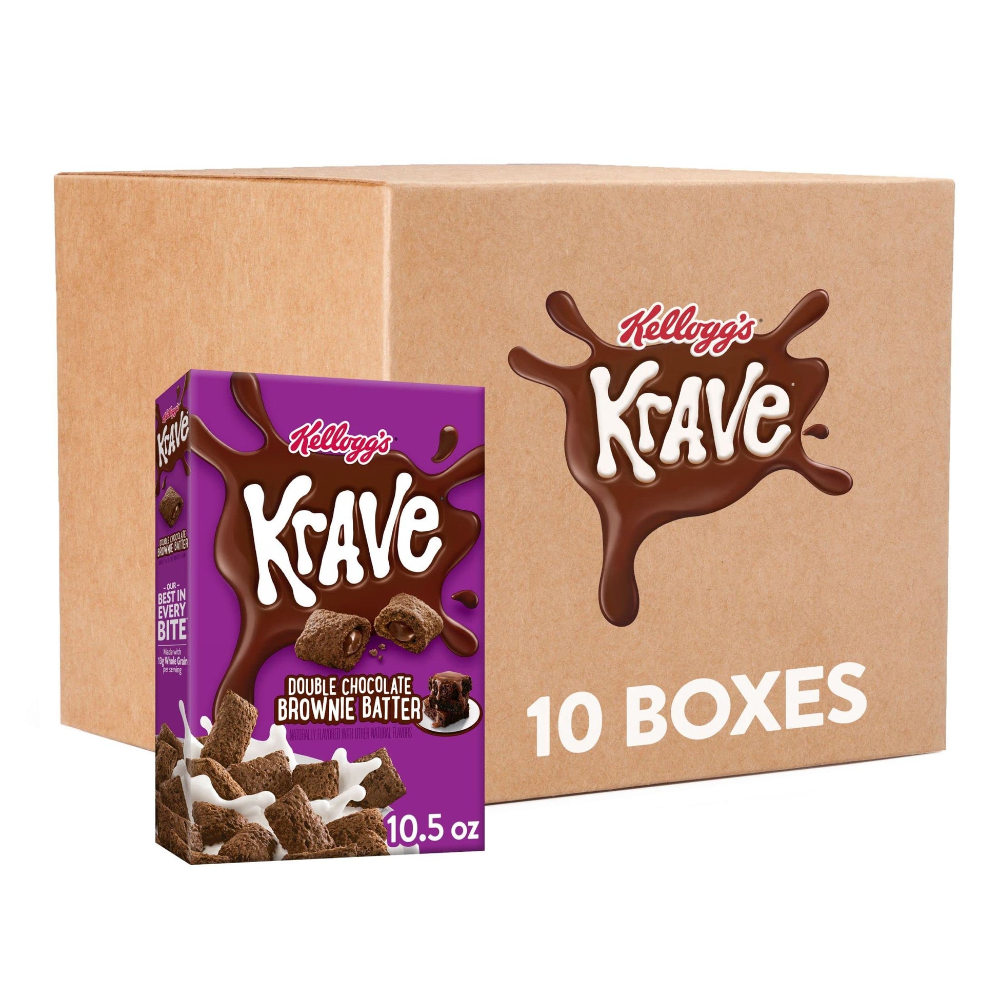 Kellogg's Krave Cold Breakfast Cereal, Kids Snacks, Double Chocolate, Brownie Batter, 6.5lb (10 Boxes)
