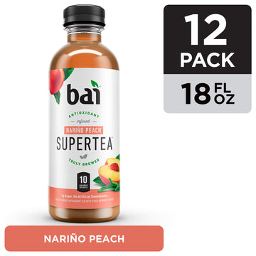 Bai Iced Tea, Narino Peach, Antioxidant Infused Supertea, 18 Fl Oz Bottles, Pack of 12, Real Black & White Tea