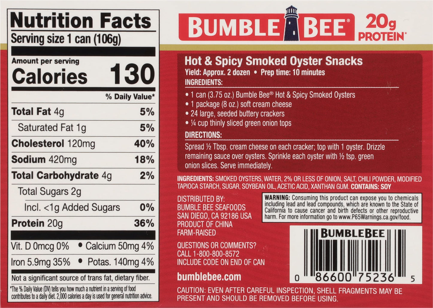 Bumble Bee Hot & Spicy Smoked Oysters, 3.75 oz Tin, Pack of 12, Gluten Free, 20g Protein per Serving