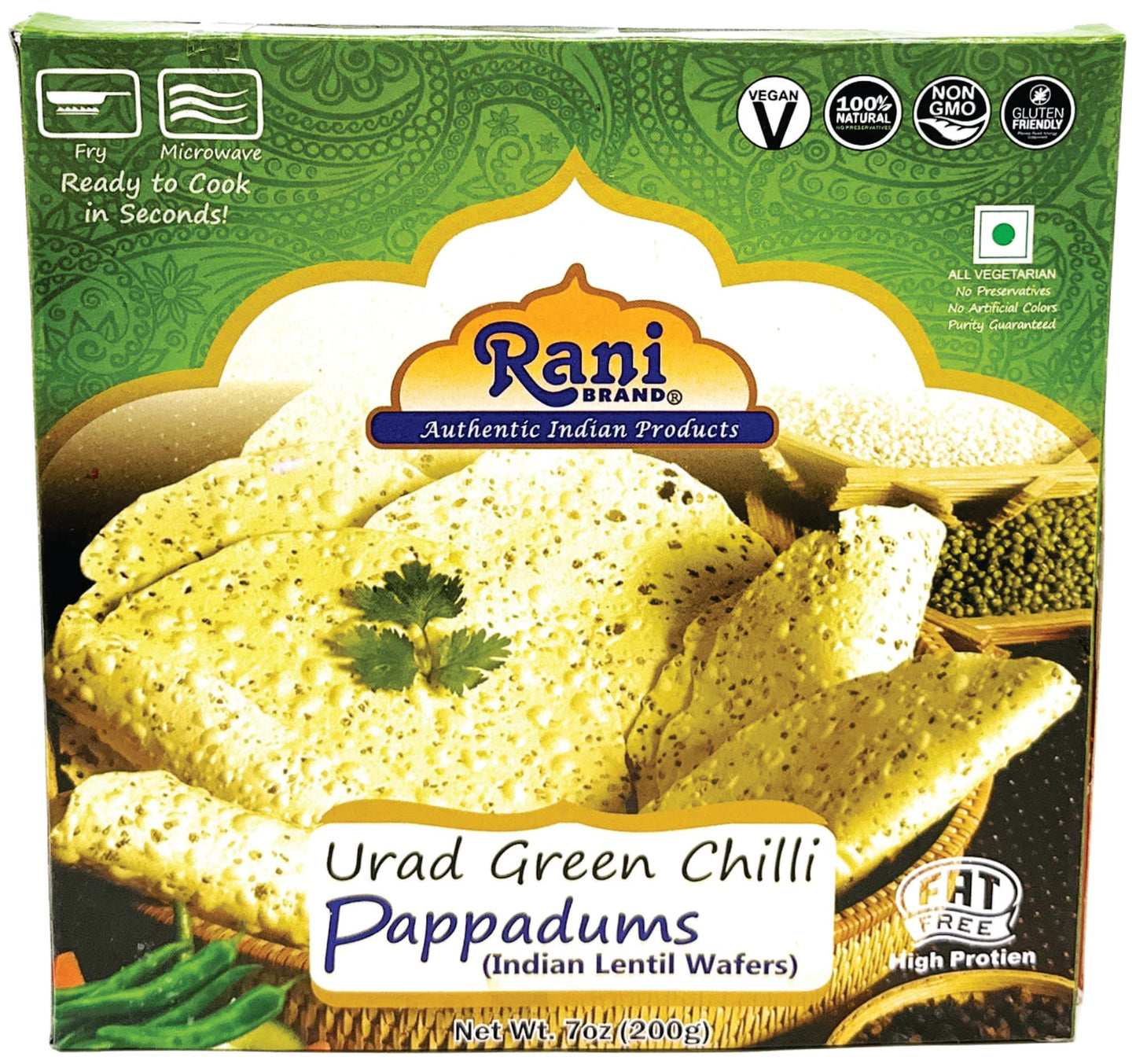 Rani Pappadums (Indian Lentil Wafer Snack) Green Chilli Papad 7Oz (200G) Approximately 15Pc, 7 Inches, Pack Of 12 ~ All Natural