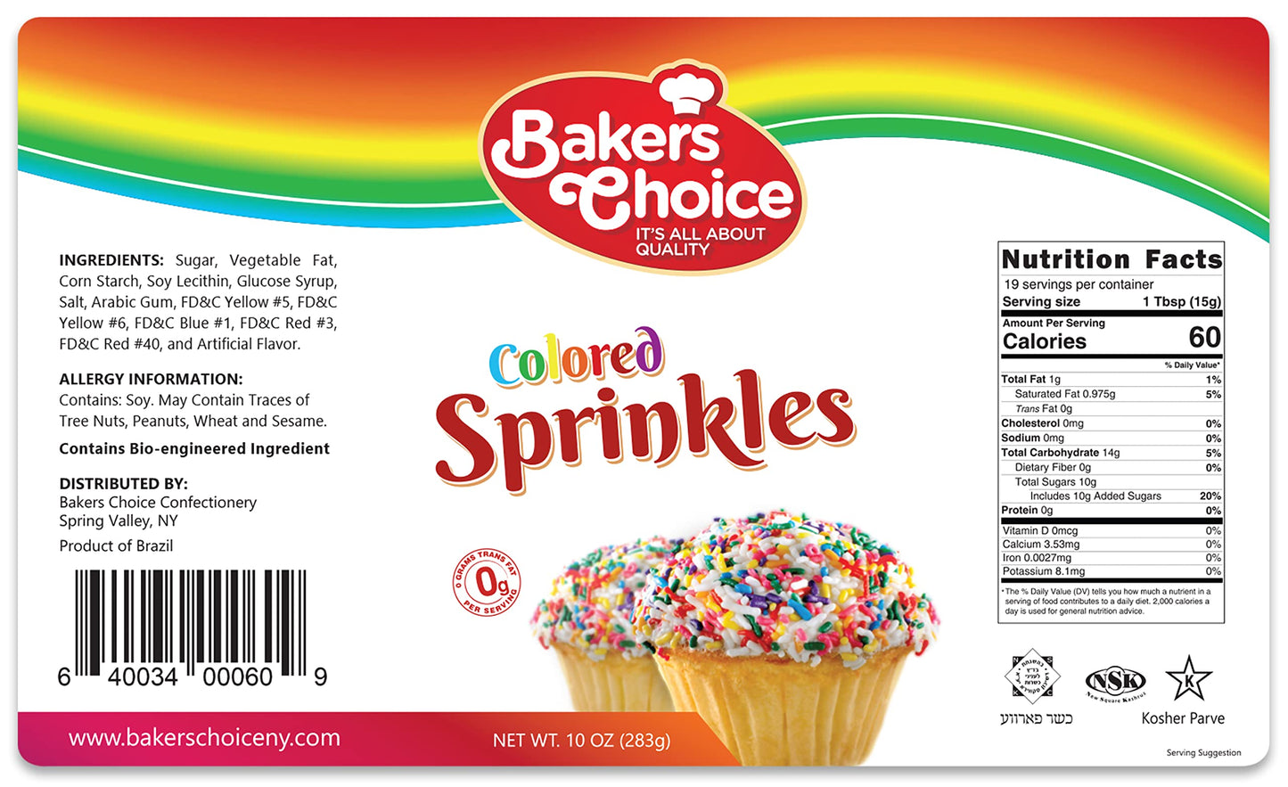 Bakers Choice Rainbow Sprinkles For Baking - Rainbow Jimmies Sprinkles For Ice Cream Toppings - Dairy Free, Kosher 10 Ounce