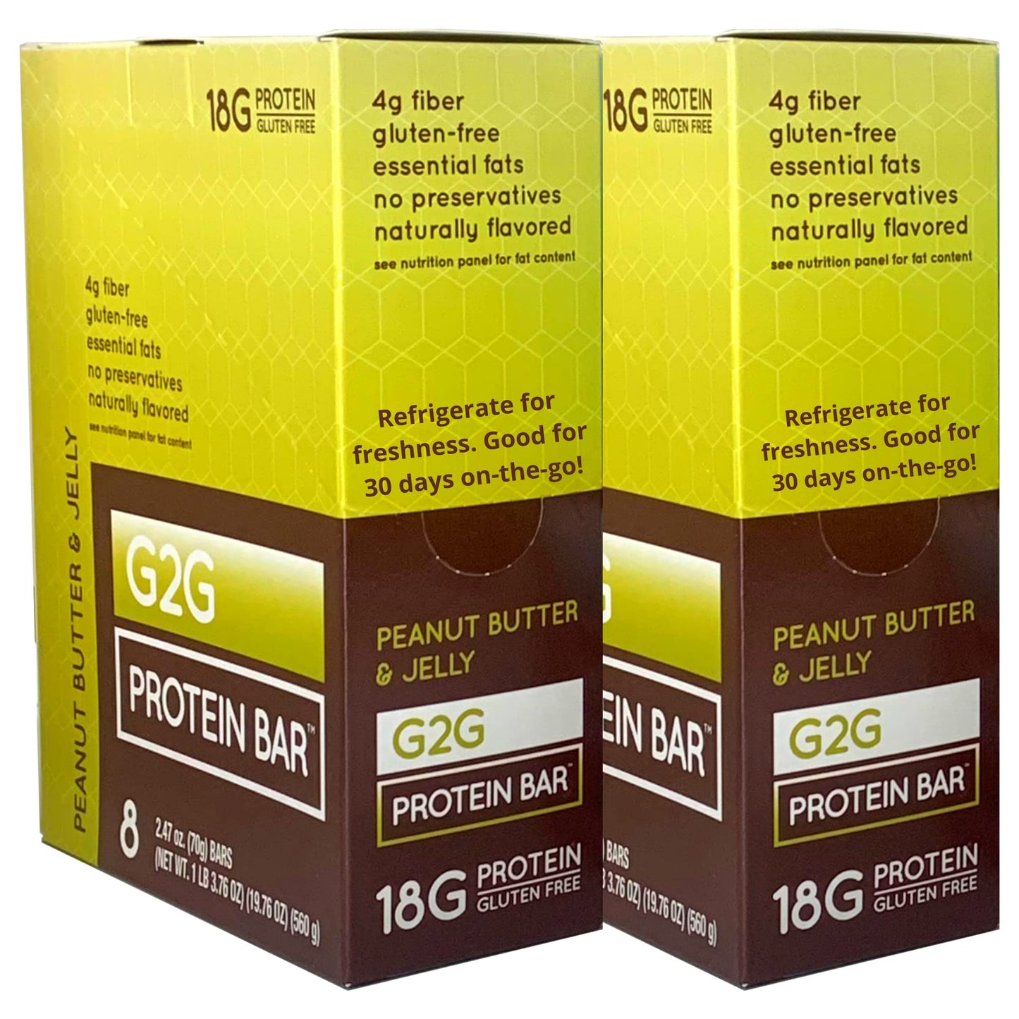 G2G Protein Bar, Peanut Butter & Jelly, Healthy Snack, Delicious Meal Replacement, Gluten-Free, Clean Ingredients, Refrigerated For Freshness, 16 Count (2 Packs Of 8)