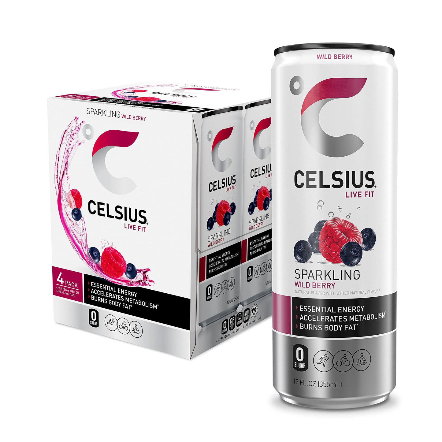 Celsius Sparkling Wild Berry Energy Drink, 12 Fl Oz Cans, 4 Pack