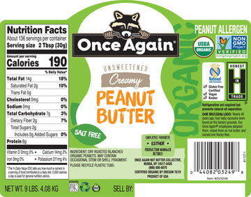 Once Again Organic Creamy Peanut Butter, 9Lbs (Same As 9 Jars) - Salt Free, Unsweetened - Usda Organic, Gluten Free Certified, Vegan, Kosher