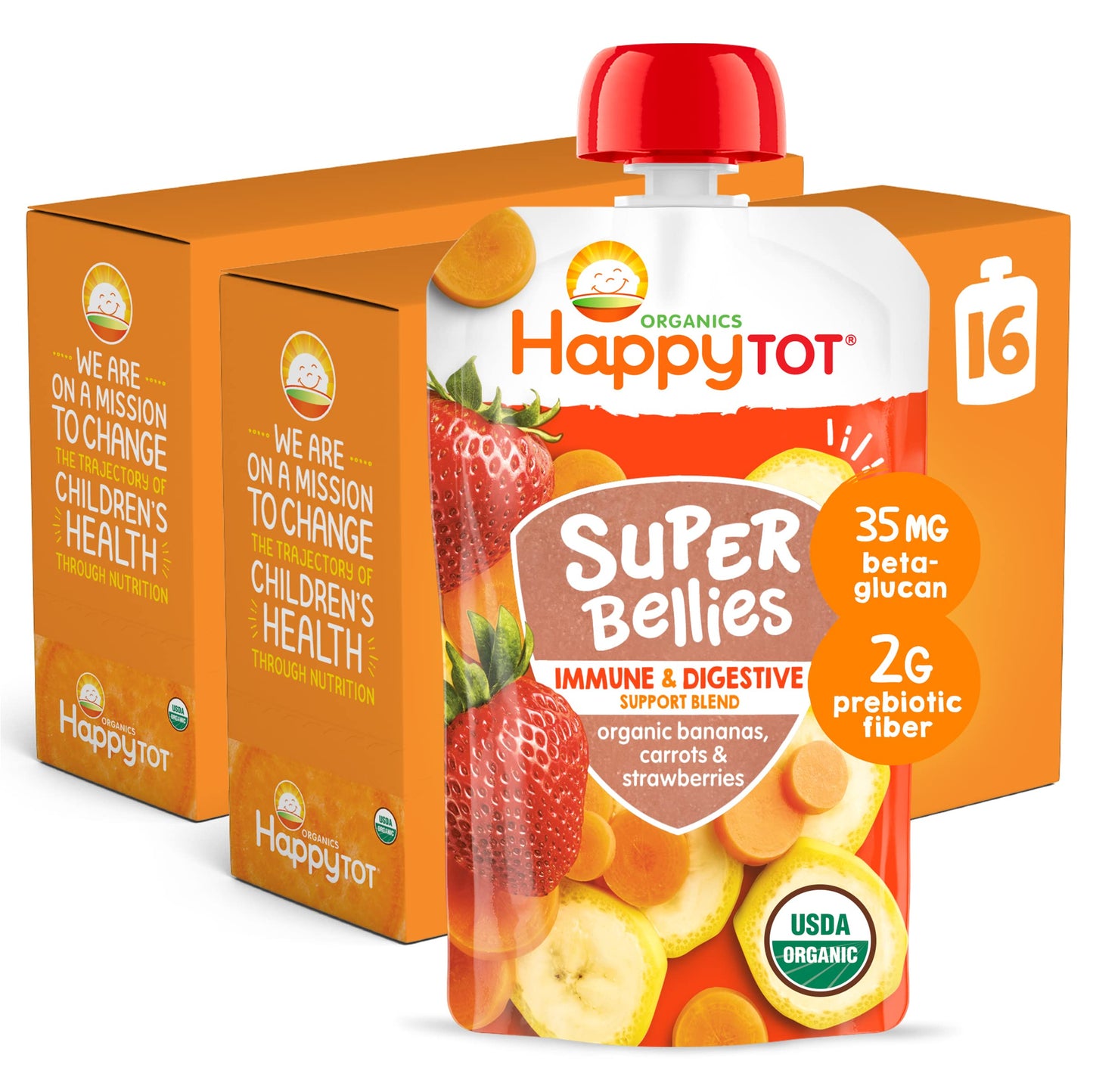 Happy Tot Organics Stage 4 Baby Food Pouches, Gluten Free, Vegan Snack, Super Bellies, Fruit & Veggie Puree, Banana, Carrot & St