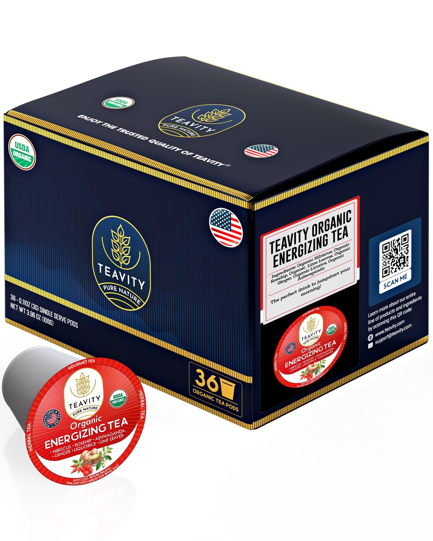 Organic Ashwagandha Tea Pods for Keurig with Ginger, Licorice, Organic Hibiscus Sabdariffa, Rosehip, & Lime - Decaf Herbal Tea -
