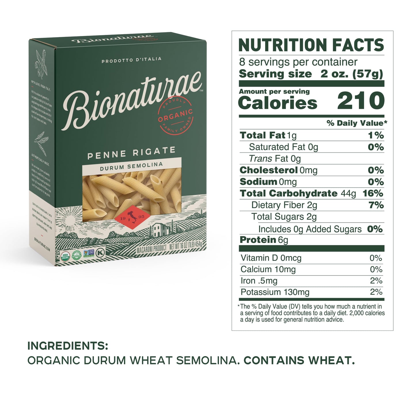 Bionaturae Penne Rigate Durum Semolina Pasta | Durum Semolina Penne Rigate | Non-GMO | Kosher | USDA Certified Organic | Made In