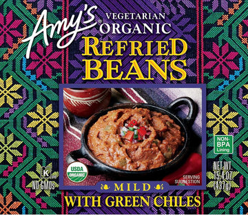 Amys Organic Refried Beans, Mild with Green Chiles, Vegan, Gluten Free, 15.4 Oz, Pack of 12