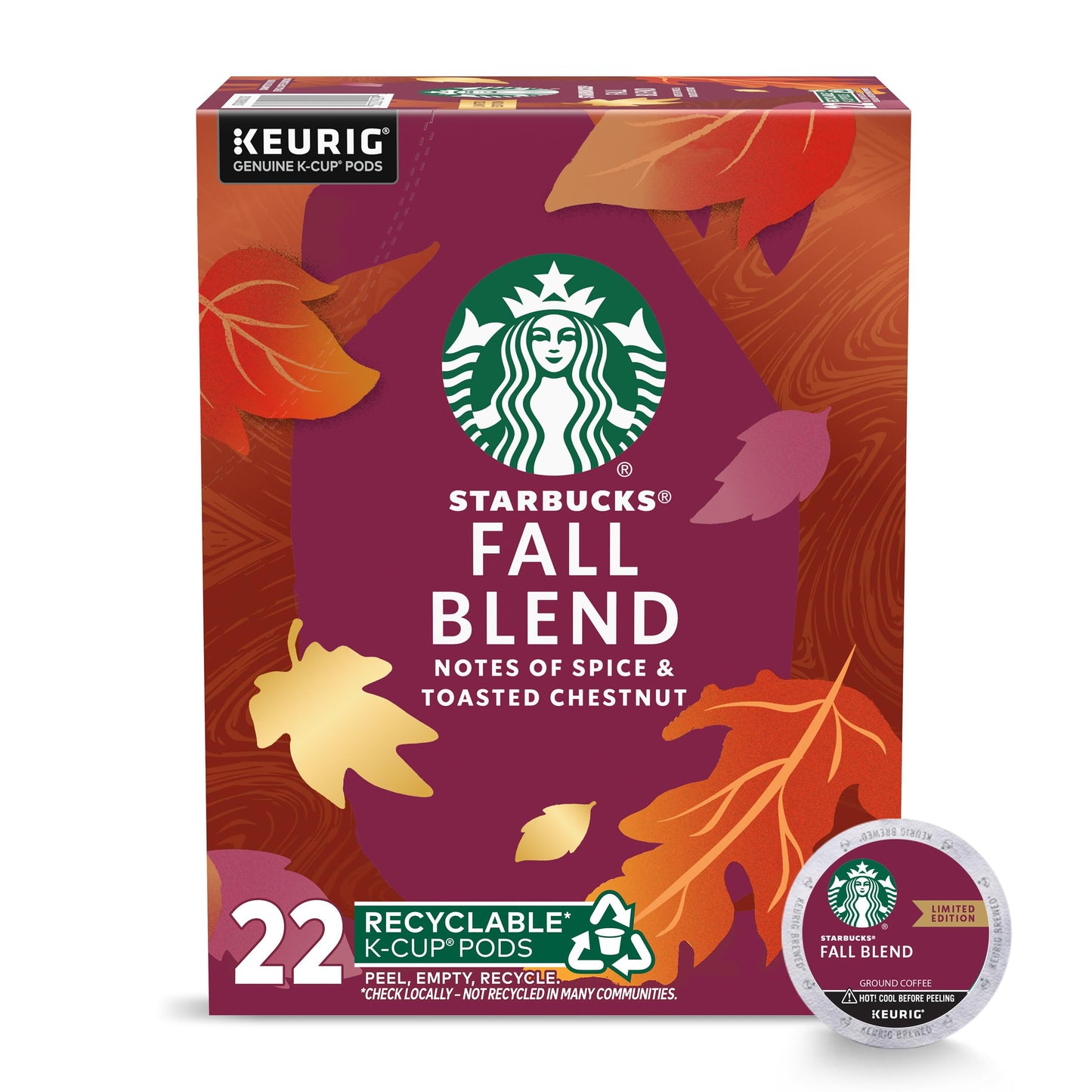Starbucks K-Cup Coffee Pods Fall Blend Medium Roast Coffee For Keurig Makers 100% Arabica Special Release 1 Box (22 Pods)