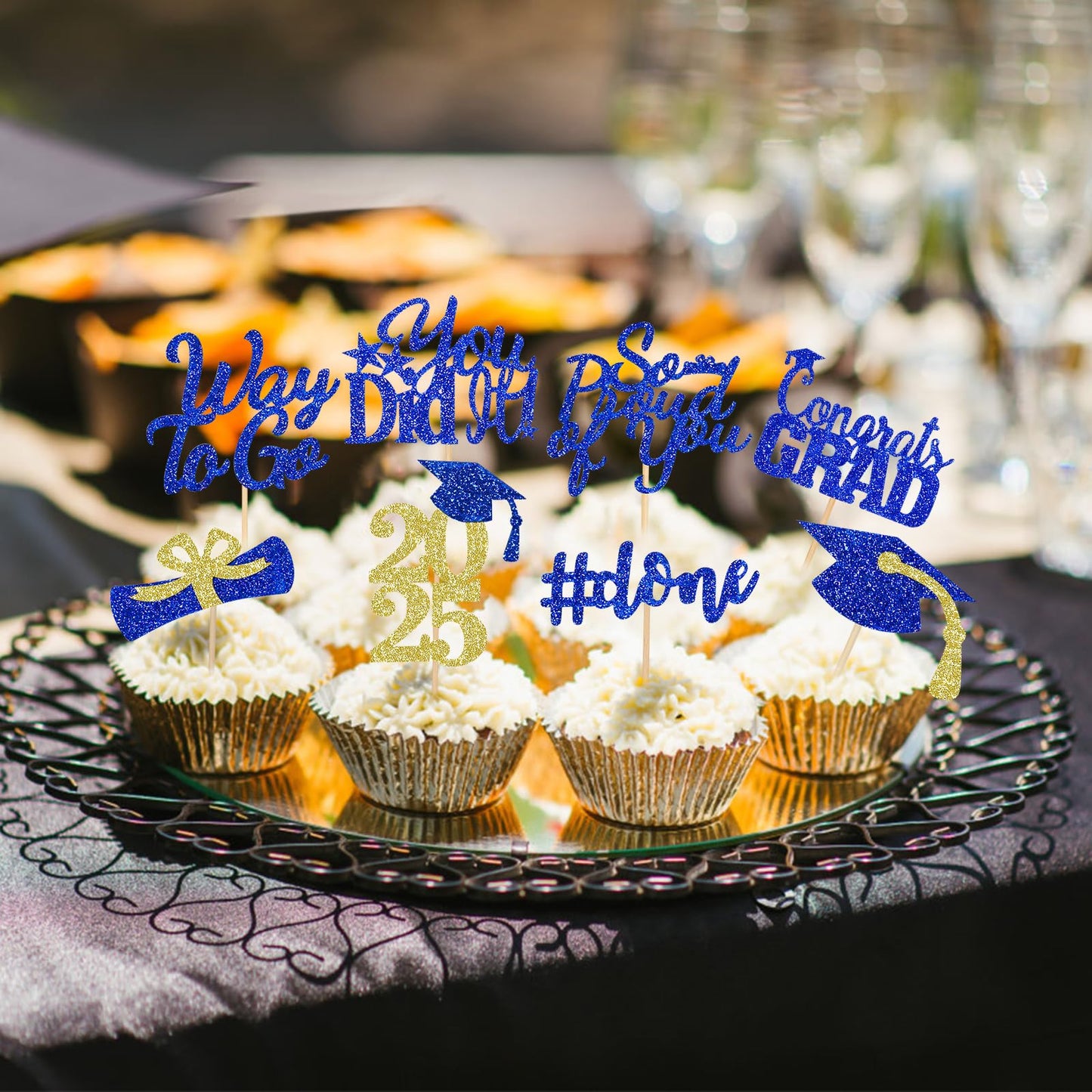 32Pcs Graduation Cupcake Toppers 2025 Blue And Gold, Congrats Grad Class Of 2025 Graduation Cupcake Toppers Picks For 2025 Party