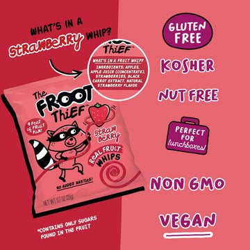The Froot Thief Real Fruit Snack Whips, Strawberry, Nut Free, Perfect For School Lunches And Snacks, Individual Bags Kids Snacks, 5 Pack
