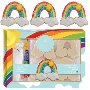 Cookie Decorating Kit - Rainbow Designer Cookie Kit - 8 Pre-Baked Rainbow Cookies, Cookie Icing, Edible Decorations and Glittery