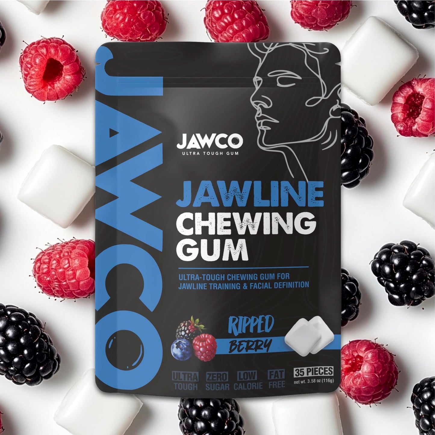 JAWCKO Ultra-Tough Jawline Chewing Gum | Get a Stronger Squarer Jawline | Ripped Berry Jaw Training Hard Gum | 15X Strength | Chisel Sculpt Tone your Jaw | Facial Fitness Mewing Gum | 40 Pieces/Pack