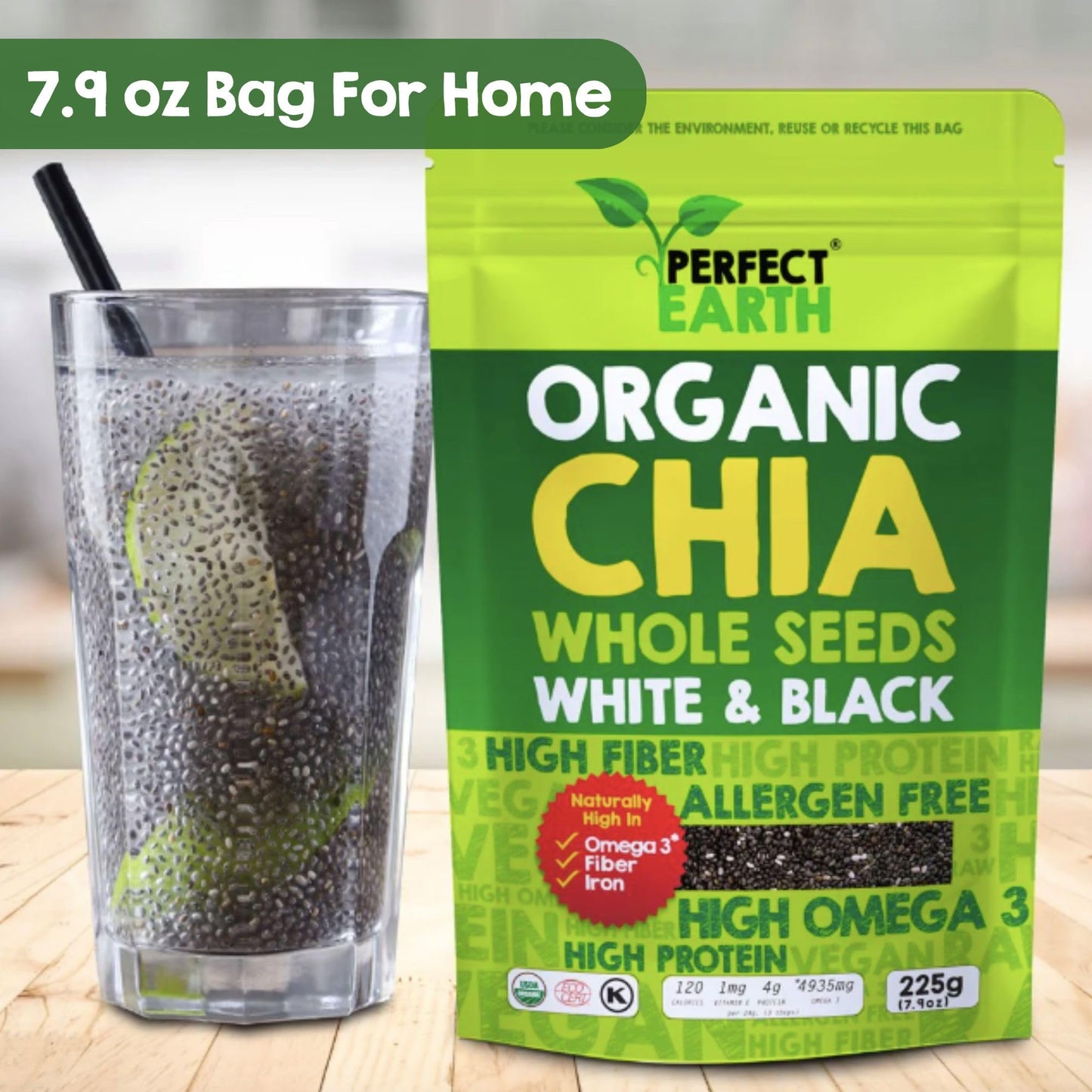 Perfect Earth Chia Seeds - Organic, Gluten-Free, Allergen-Free, Vegan, Keto-Friendly, High In Omega-3, Iron & Protein. For Healt