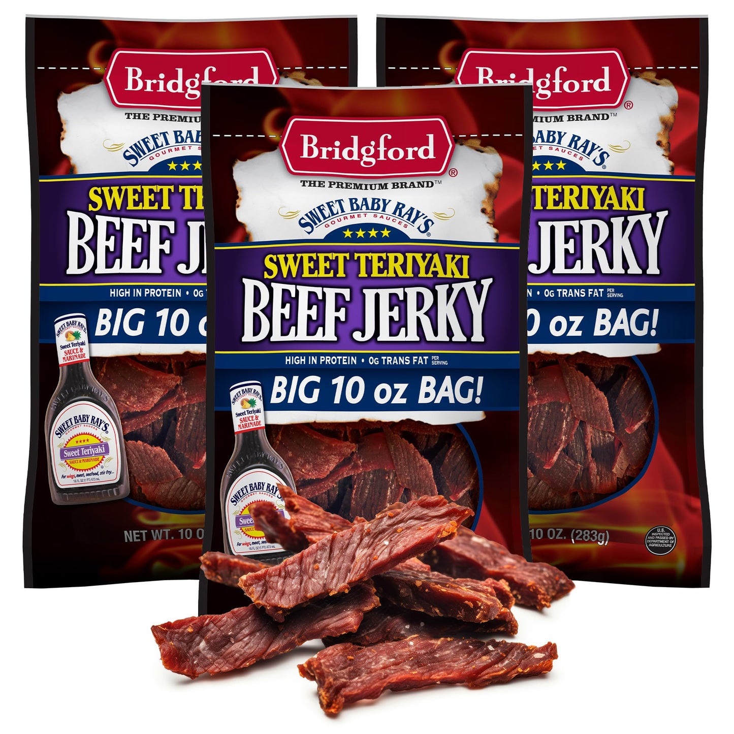 Bridgford Sweet Baby Rays Beef Jerky Sweet Teriyaki 10 Oz Pack Of 3 - High Protein Beef Jerky For Low Carb And High Protein Diet