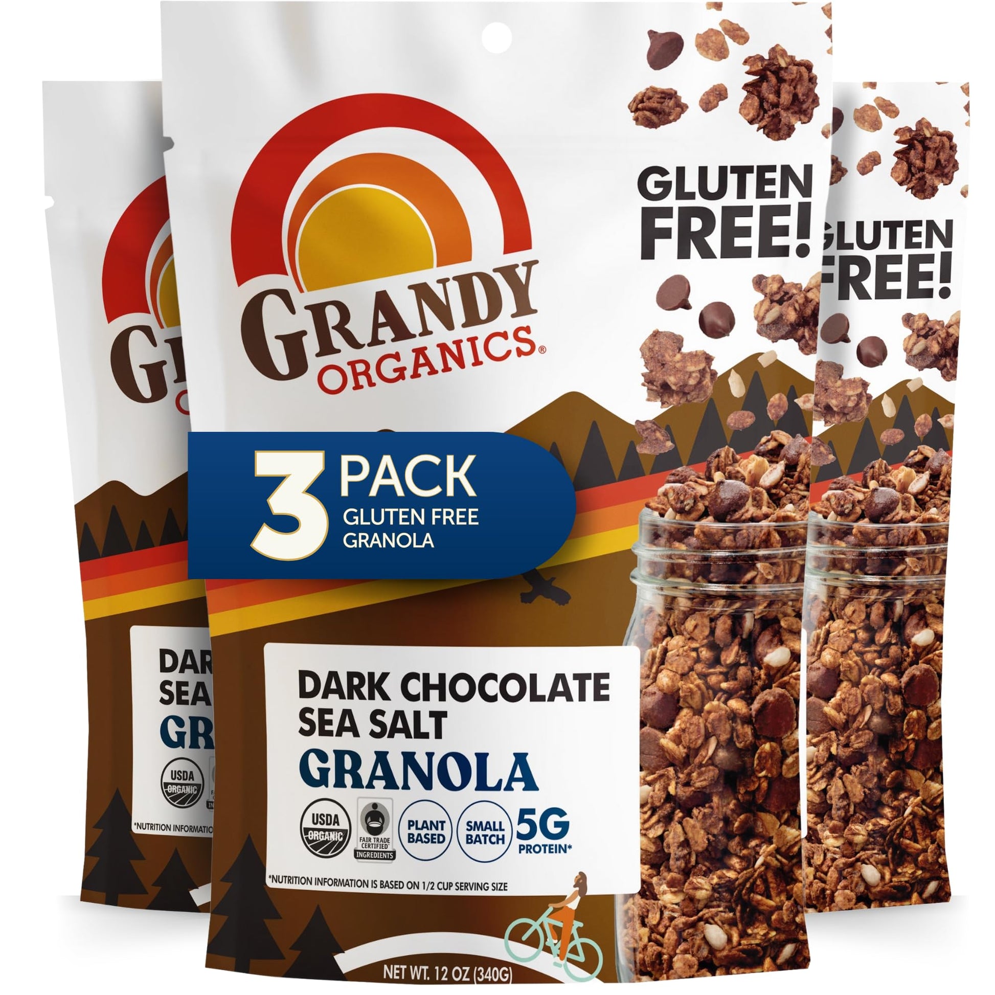 Grandy Organics Dark Chocolate Sea Salt Granola, Certified Organic Granola, Gluten Free, Non-GMO, Certified Kosher, Plant Based