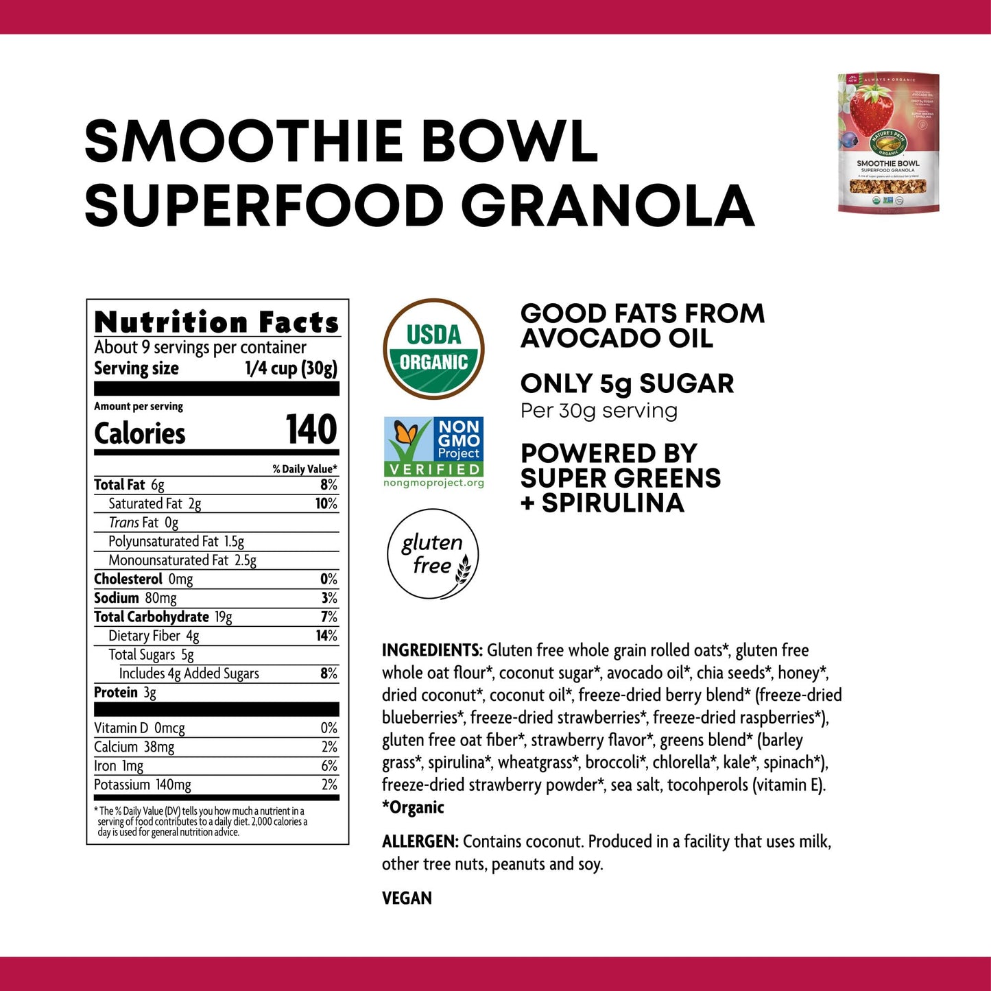 Nature s Path Organic Superfood Smoothie Bowl Granola, 9.5 oz (Pack of 6), Gluten Free, Non-GMO