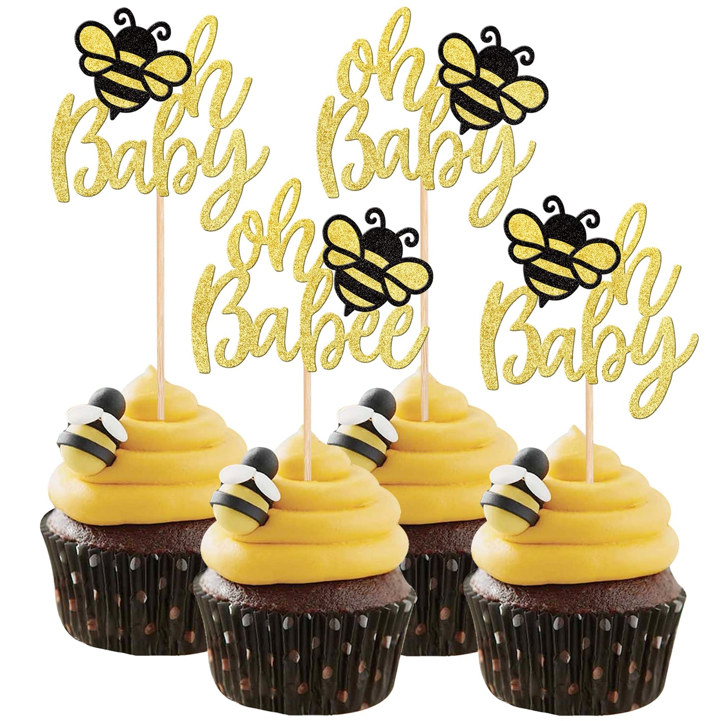 24 Pcs Bumble Bee Oh Babee Cupcake Toppers Glitter Honeybee Oh Baby Cupcake Picks For Bee Theme Baby Shower Kids Birthday Party Cake Decorations Supplies Gold