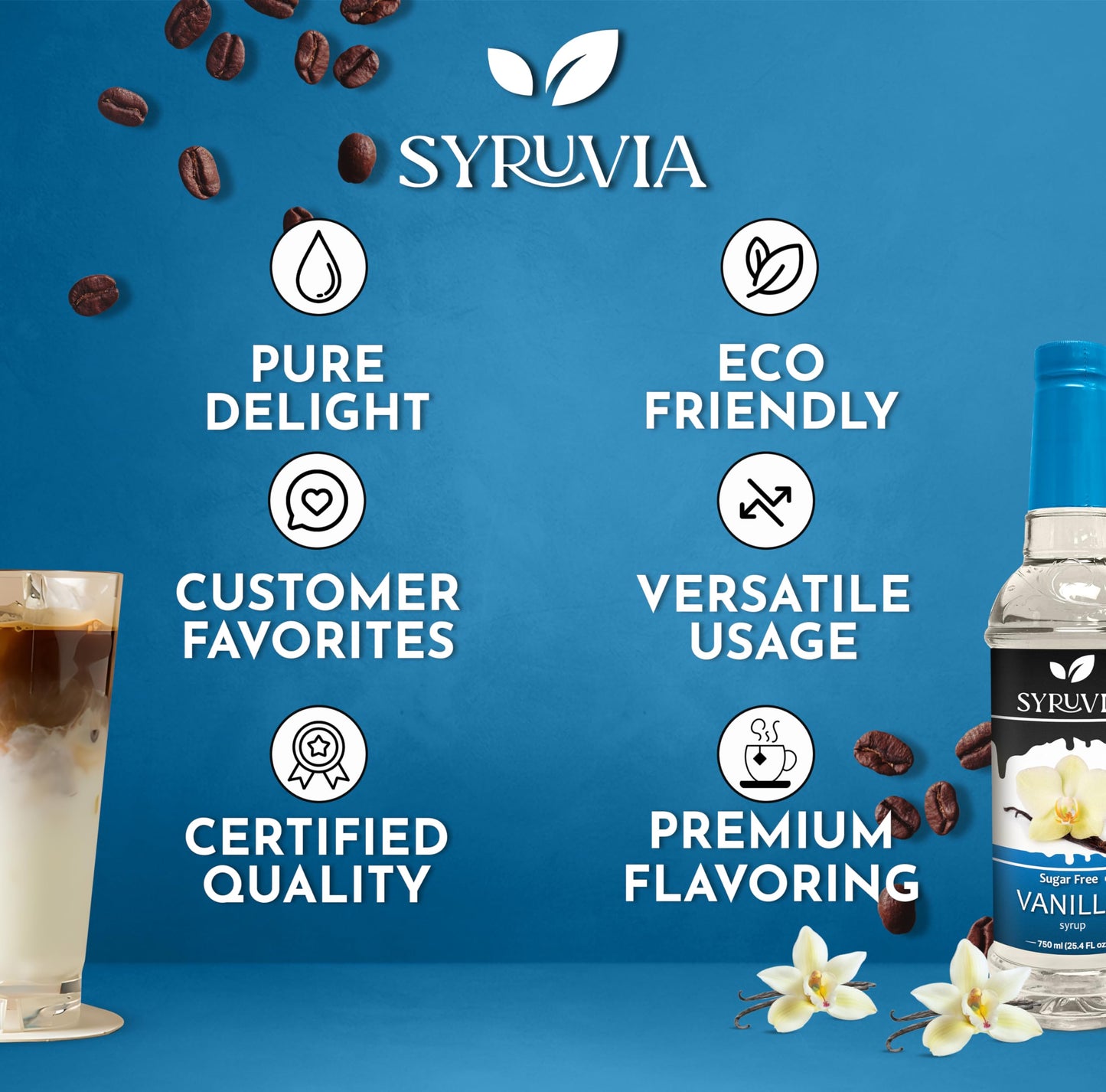 Syruvia Sugar-Free Vanilla Coffee Syrup - 25.4 Fl Oz. Premium Coffee Flavoring Syrup. 0 Calories, Kosher, And Gluten-Free. Ideal