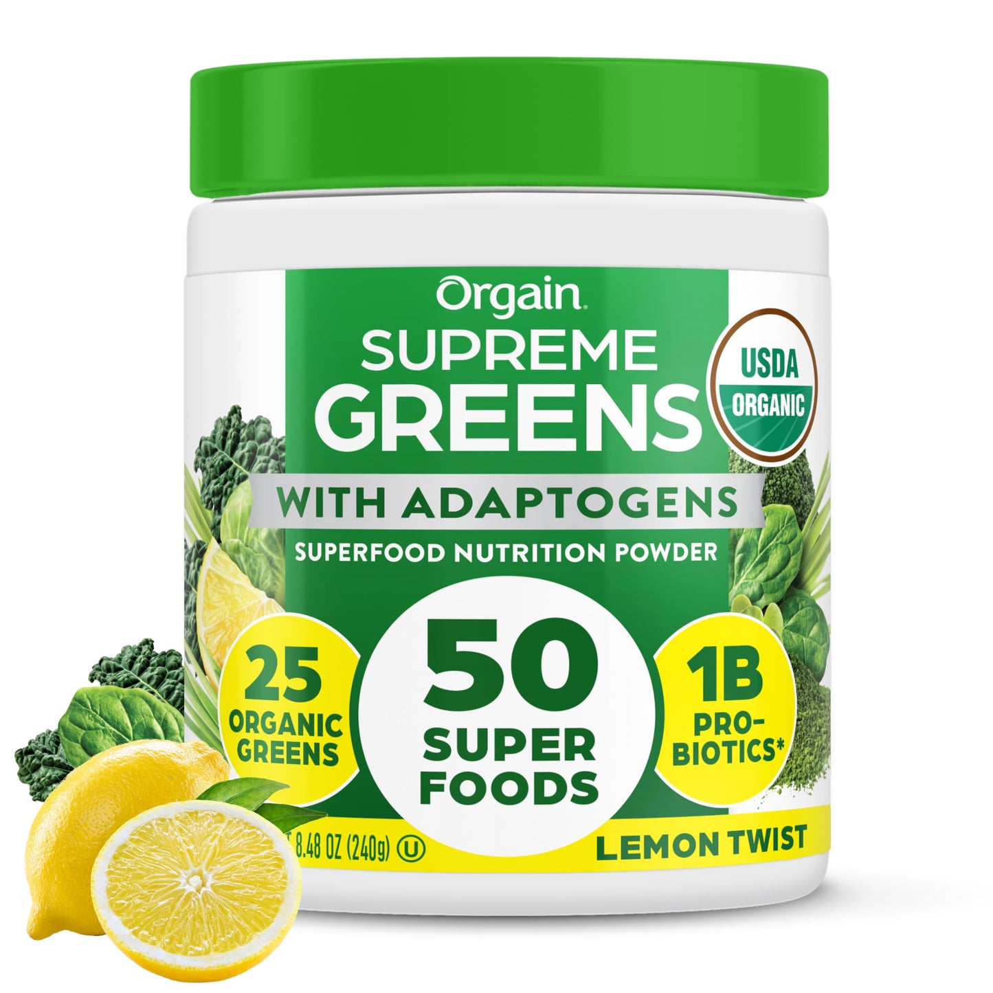 Orgain Supreme Greens Powder, 25 Organic Greens & 50 Superfoods, Vegan, 8.48 Oz, Gut Health & Immune Support, Lemon Twist Flavor