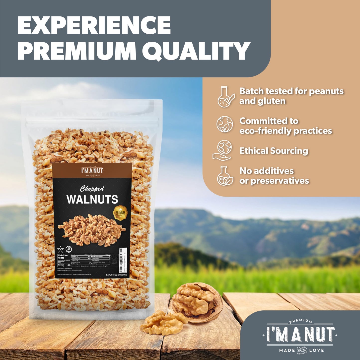 Premium Raw Chopped Walnuts 16Oz (1 Lb) - 100% Natural, No-Ppo, Non-Gmo, Batch-Tested Gluten & Peanut Free, Kosher, Small Batch