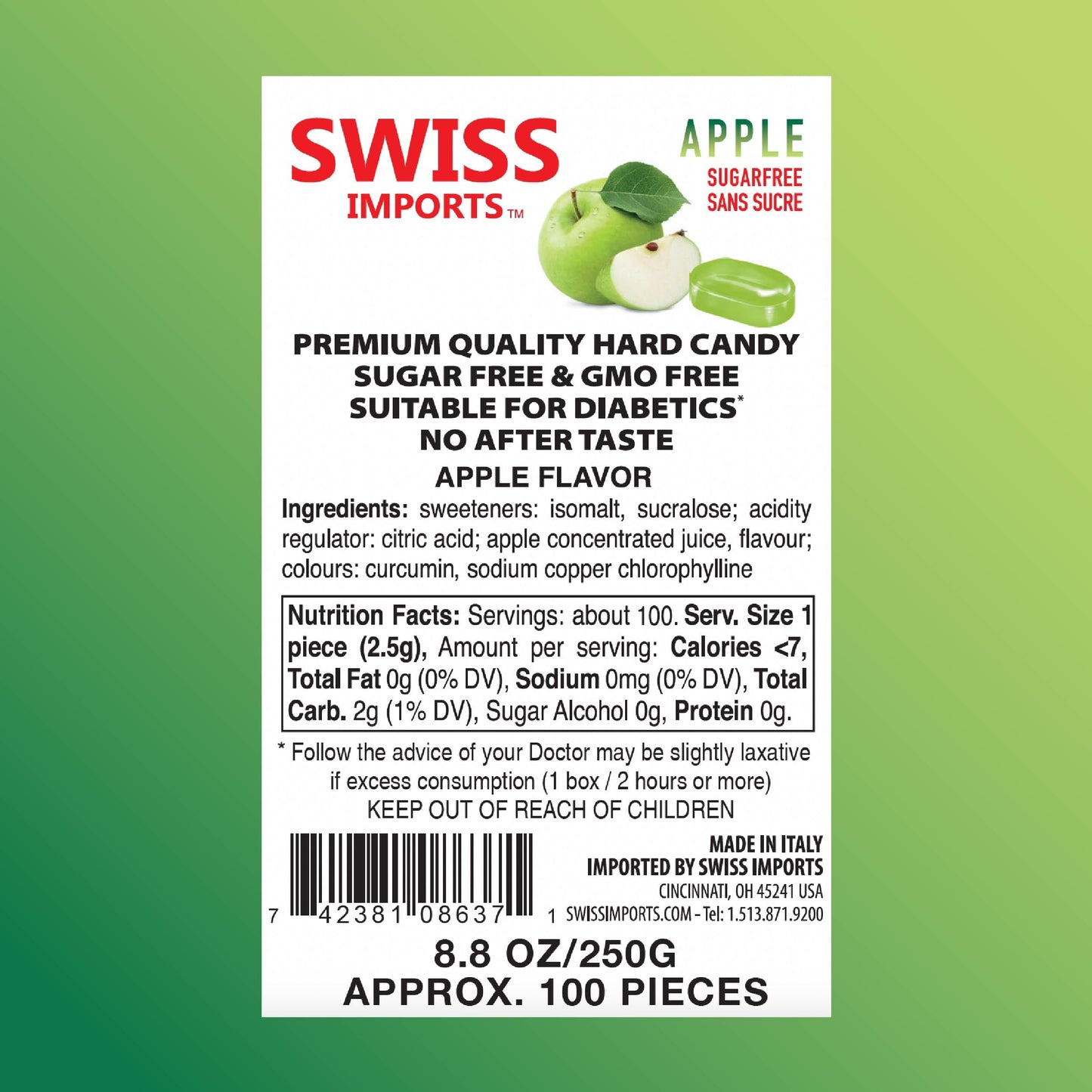 Swiss Imports Sugar Free Bonbons Hard Candy Drops, Apple, 100 Individually Wrapped Pieces, 250G/8.8Oz